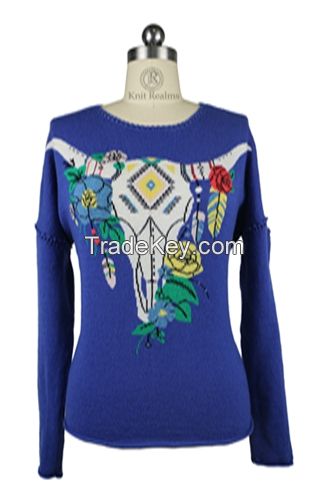 Women&#039;s goat intarsia  crewneck sweater 100% cashmere hand knitted