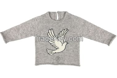 Baby&#039;s dove intarsia crewneck sweater 100% cashmere hand knitted