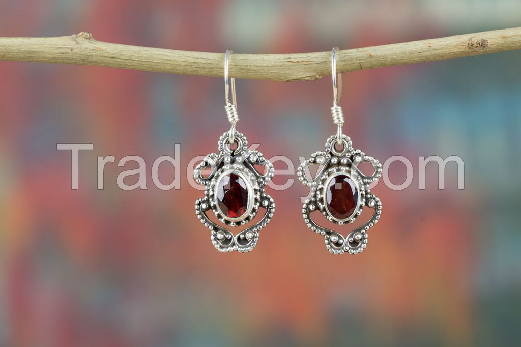 Wholesale 925 Sterling Silver Faceted Garnet Gemstone Earring