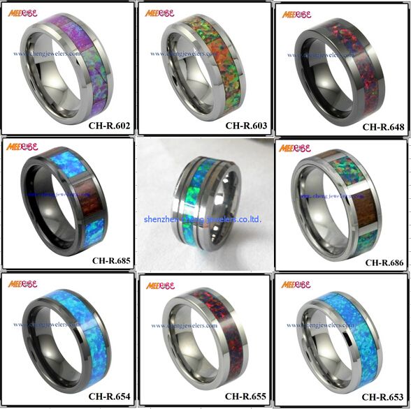 Shenzhen cheng jewelers wholesale rings with koa wood,carbon fiber,opal,IP gold plating