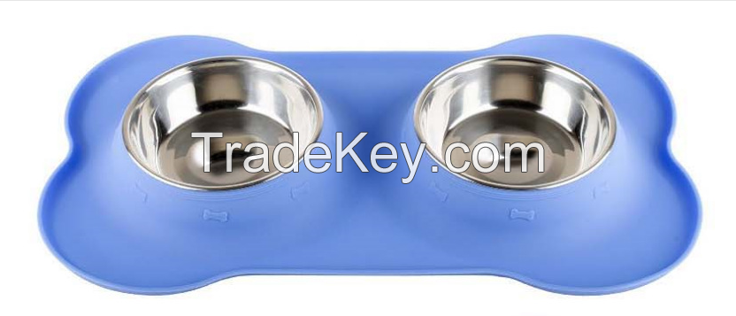 2017 FDA bone shape silicone dog bowl with stainless steel bowl