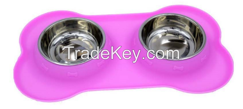 FDA harmless bone shape silicone dog bowl with stainless steel bowl