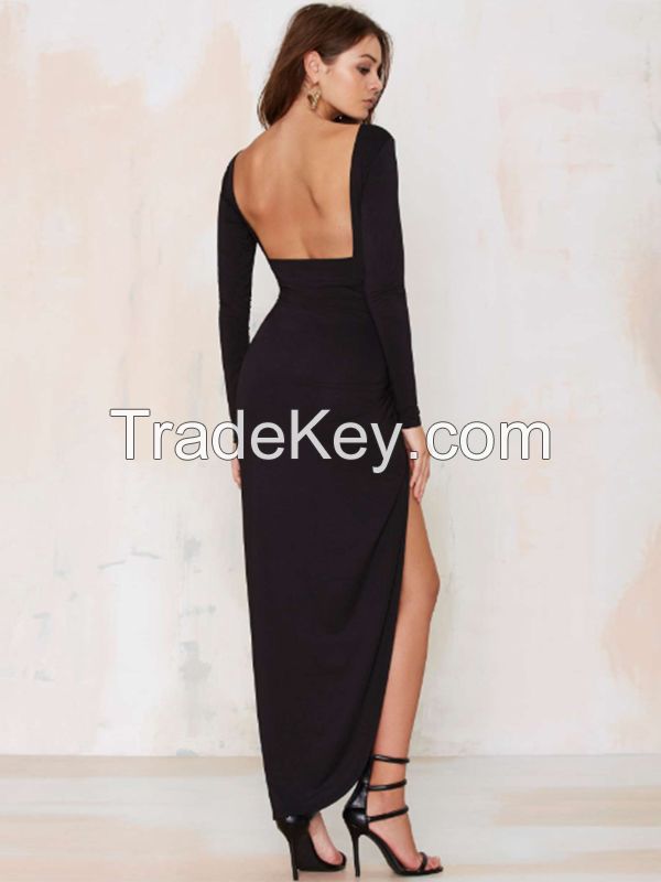 2017 New Arrival Khaki Black Sexy Long Slit Maxi Dress Long Sleeve Beach Dress