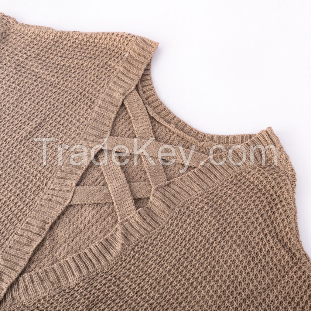 Open Back V Neck Criss Cross Women's Pullover Sweaters Long Sleeve Casual Loose Knitted Tops for Women