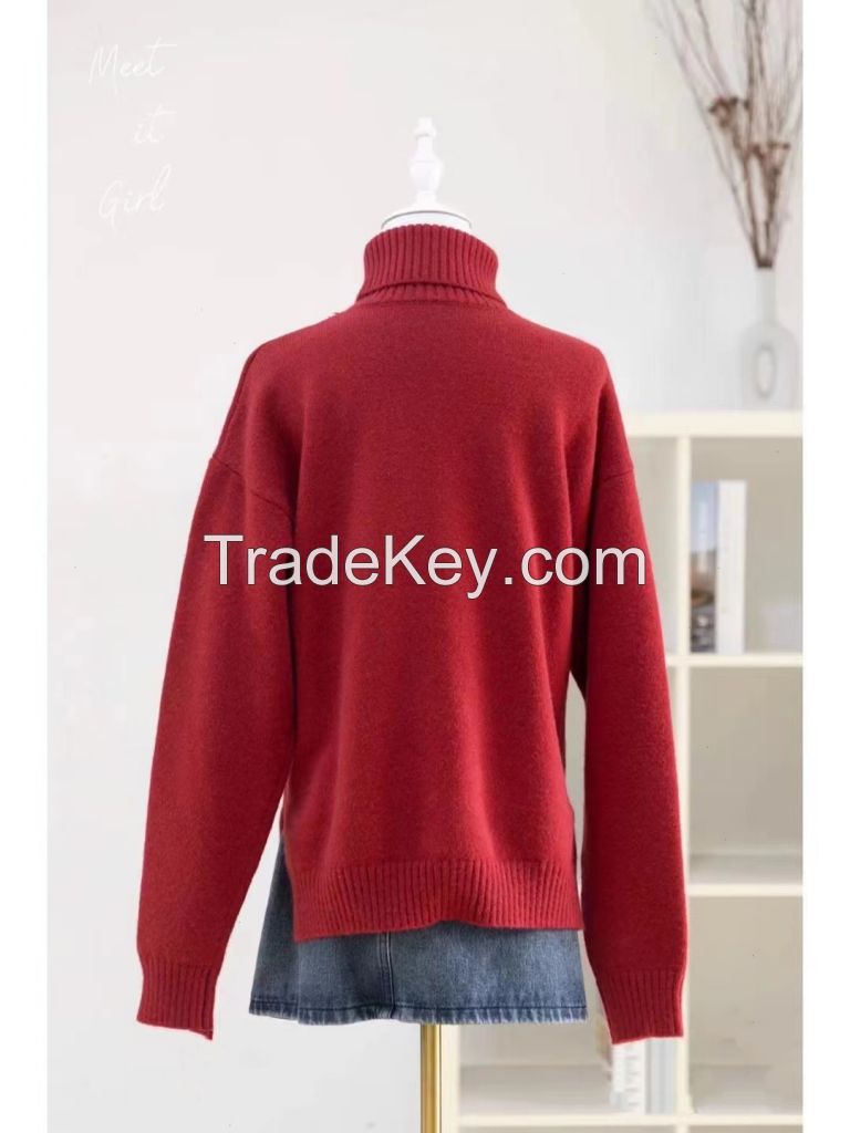 High neck warm rabbit pattern pullover sweater