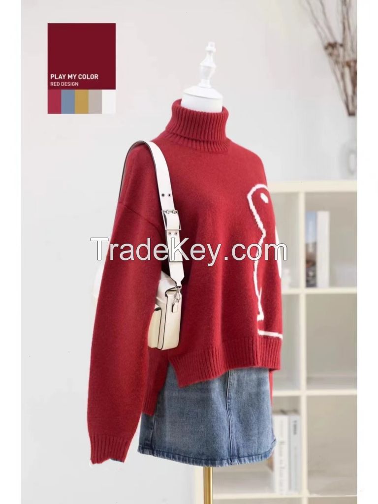 High neck warm rabbit pattern pullover sweater