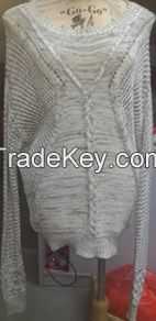 Ladies&#039; 100% Cotton Knitted Cable &amp; Rib Pattern Pullover