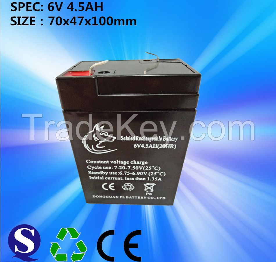 Feilang Factory Price Sealed Lead-Acid Rechargeable Battery 6V 4.5AH With Best Quality