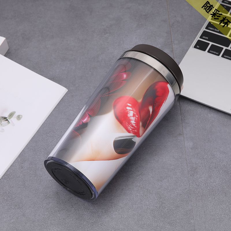 double wall plastic 420ml advertising cup promotion thermos tumbler with paper insert,double wall plastic paper insert tumbler