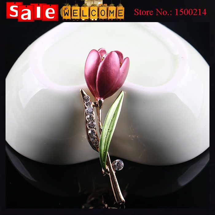 Enamel Rose Flower Crystal Rhinestone Pink Flower Bud with Green Leaf