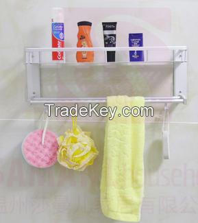 Hot Sale Wall Mounted Bathroom Towel Shelf Rack With Hooks Bathroom SHampoo Shelf