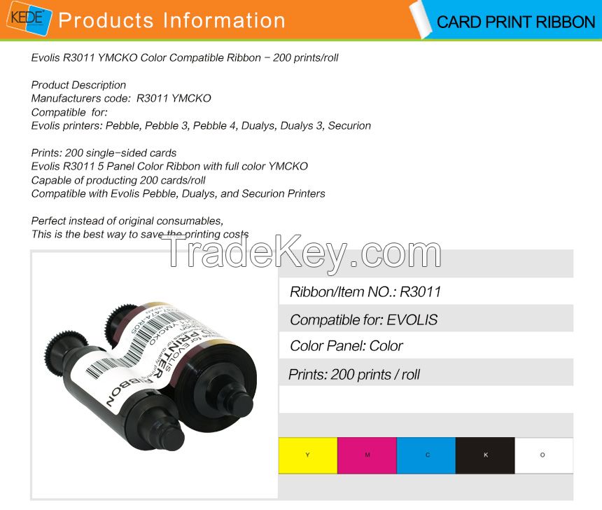 for Evolis R3011 YMCKO Color Compatible Ribbon - 200 prints/roll