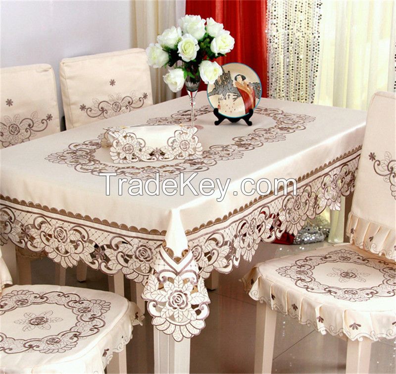 Handmade Cutwork Embroidered Polyester Dining Tablecloths Chair Cover Set