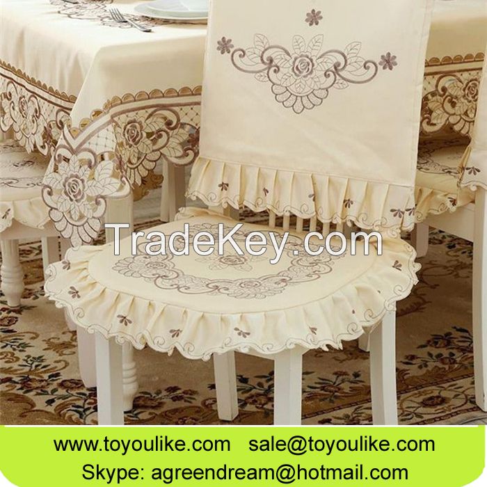 Handmade Cutwork Embroidered Polyester Dining Tablecloths Chair Cover Set