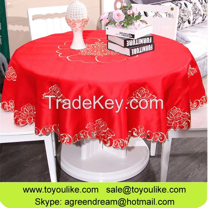 Red Joyous Handmade Cutout Embroidered Polyester Round Tablecloths