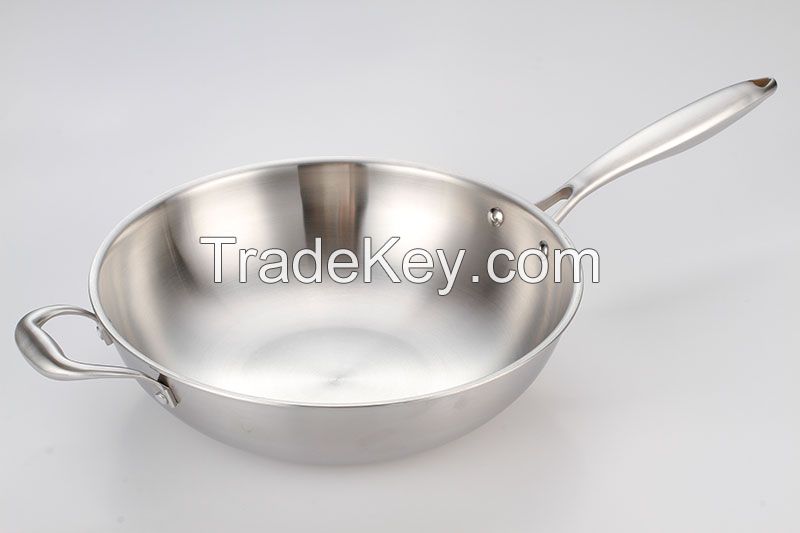 2017 Hot 304 Stainless Steel Non Stick Pot Brushed Metal Cookware 32cm Stainless Steel Wok And Pans 2.7kgs Kitchenware