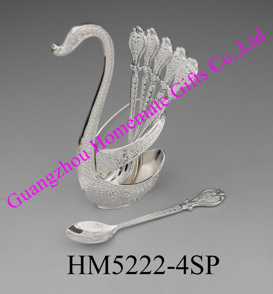 silver spoon and  swan shaped fork holder ice cream spoon/fork holder