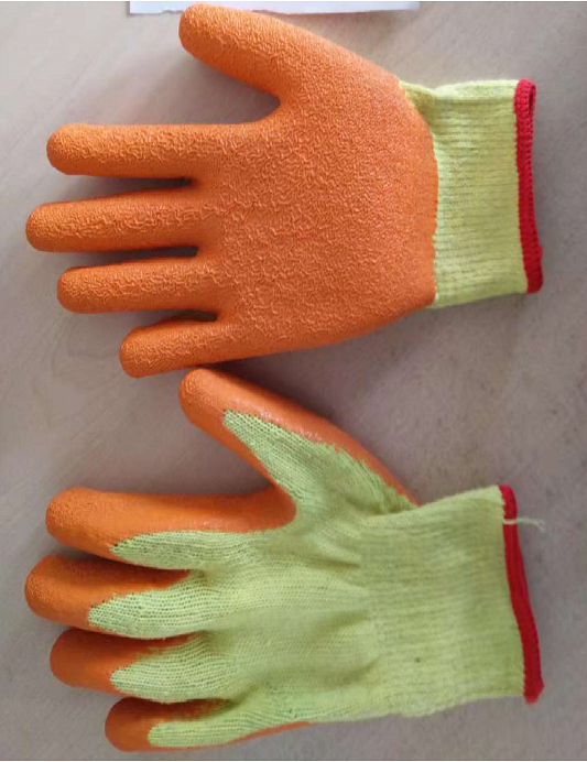 10gauge2threads yellow polycotton liner with orange latex crinkle finished palm coating glove