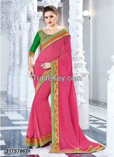 Glitzy Peach Coloured Georgette Saree - Leemboodi