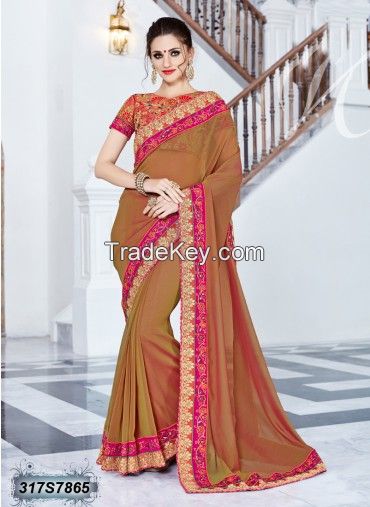 Glitzy Peach Coloured Georgette Saree - Leemboodi