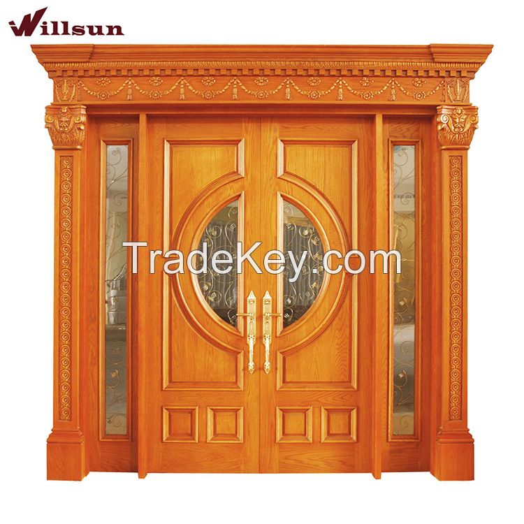 Luxury oak wood carved exterior entrance door with two sidelites