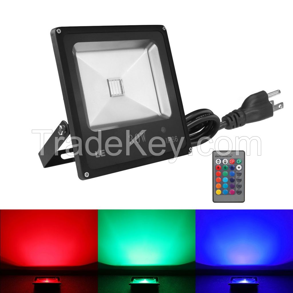 30W RGB LED Flood Light, Color Changing, 16 Colors &amp; 4 Modes, Waterproof, with Remote Control