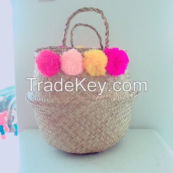 Pompom seagrass basket/ storage basket/ belly seagrass basket