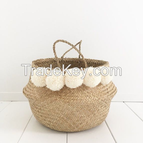 Pompom seagrass basket/ storage basket/ belly seagrass basket