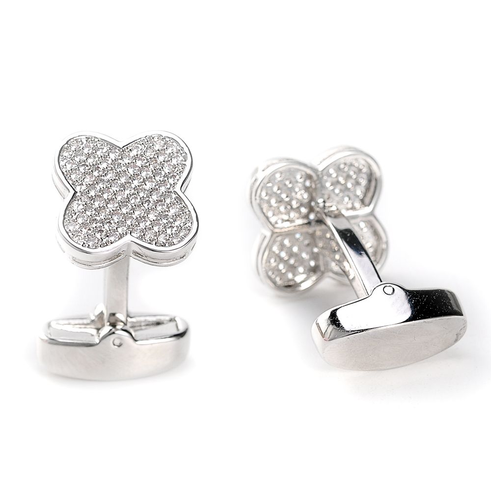 2018 Custom Jewelry White Gold Micro Pave Zircon Clover Cuff Links/Cufflinks