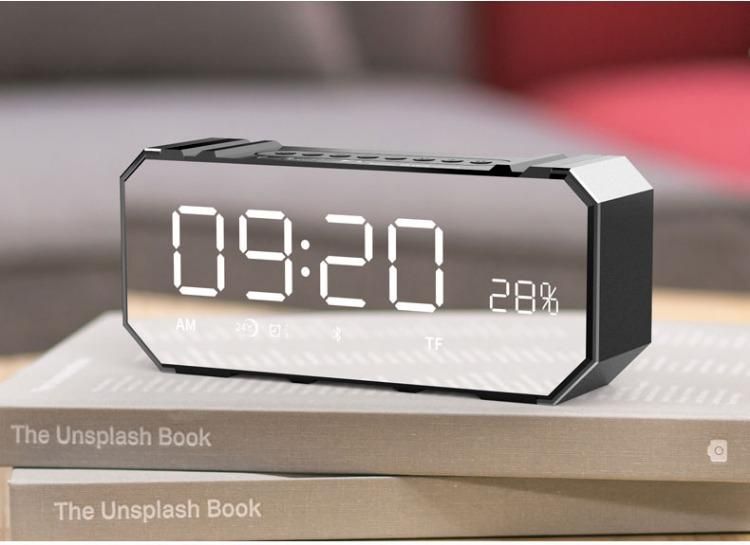 Bluetooth Wireless Speaker with Dual Alarm Clock, Digital FM Radio, 3.5mm Aux Line-in TF Card Play, Thermometer, Large Mirror LED Dimmable Display for Hotel,Home,Office,Bedroom,Travel