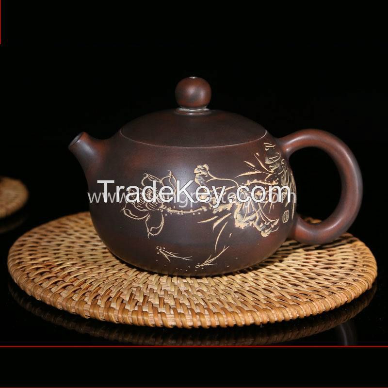 Chinese Nixing  Lotus Flower Carving Xishi Pottery Tea Pot Pure Handmade Tea Ware  