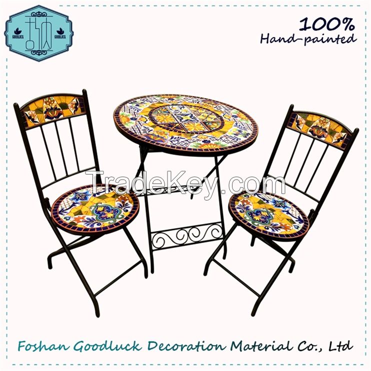 Hand Painted Mosaic Top Metal Patio Garden Folding Furniture Sets