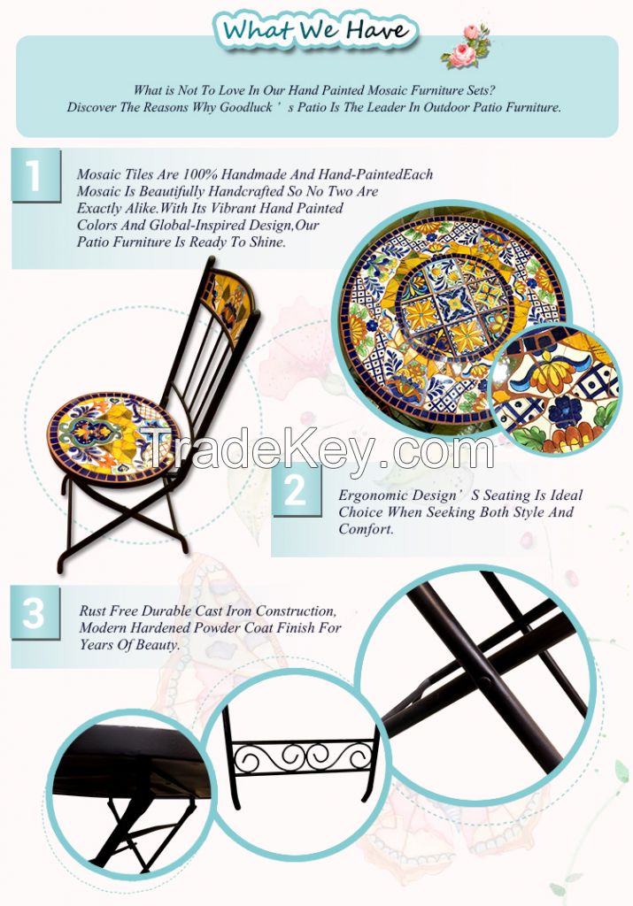 Hand Painted Mosaic Top Metal Patio Garden Folding Furniture Sets