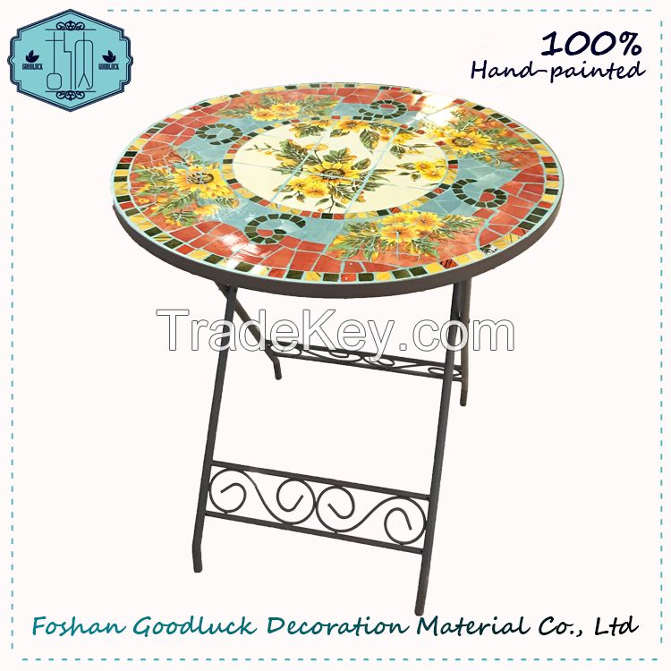 Hand Crafted Flower Mosaic Top Metal Patio Bistro Outdoor Furniture Sets