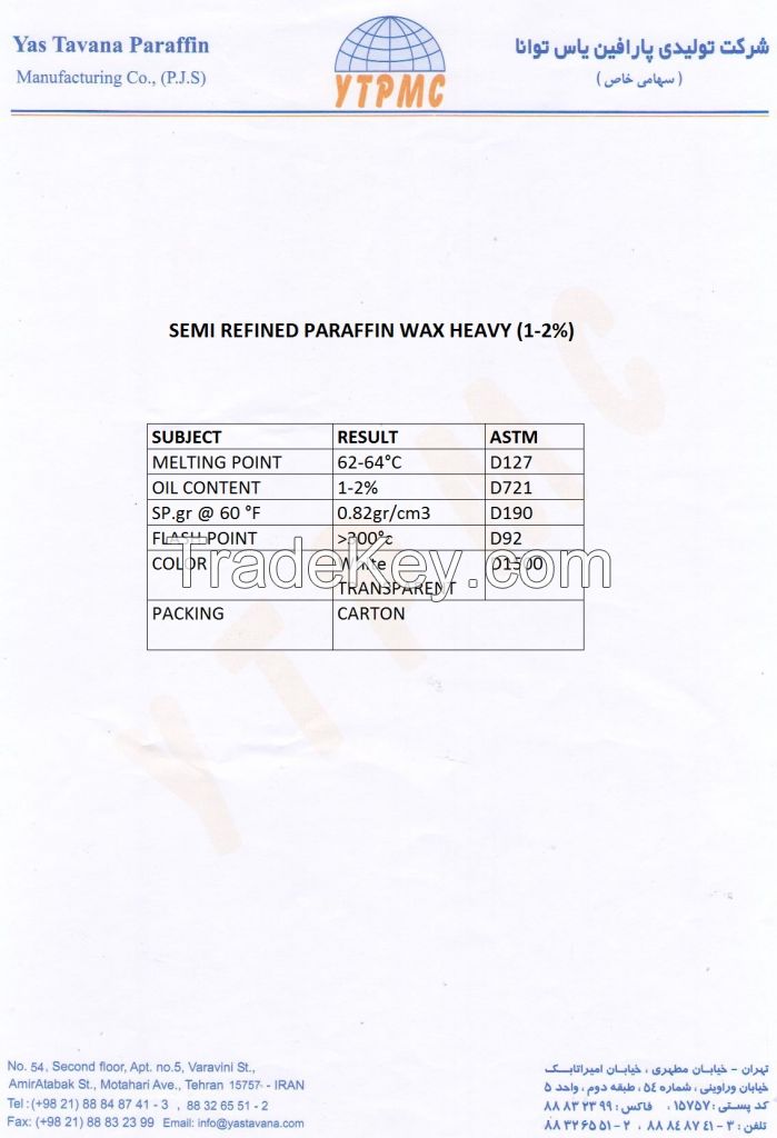 Paraffin wax Semi Refined (Heavy) From Iran