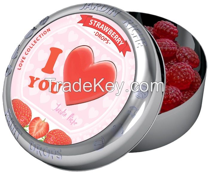 Jardin Riche natural strawberry flavoured hard candy drops in tin with magnet