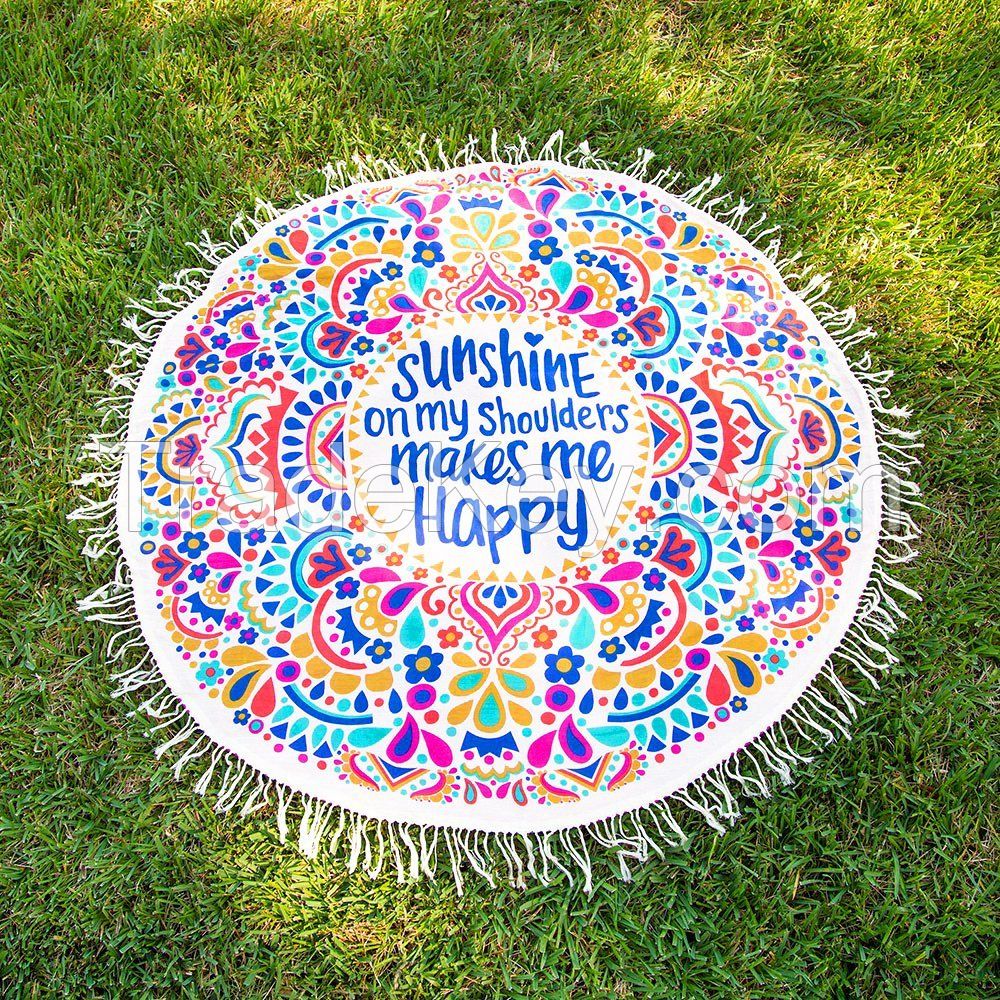 OEM luxury 100 organic turkish cotton mandala round beach towel with tassel