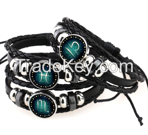 Retro Bracelet Beaded Hand Woven Leather 12 Constellation Bracelet