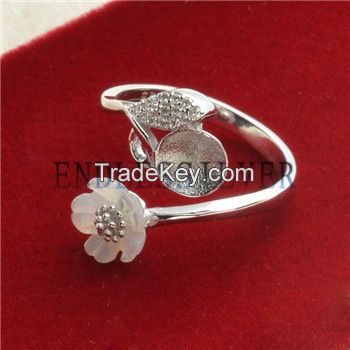 Ring Blanks White Shell Flower Leaf Zircon 925 Sterling Silver DIY Pearl Ring Mount
