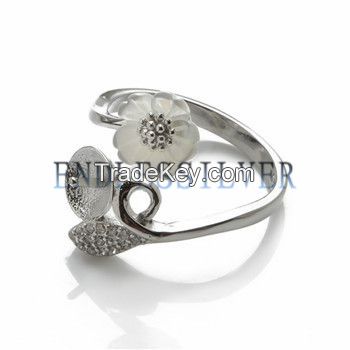 Ring Blanks White Shell Flower Leaf Zircon 925 Sterling Silver DIY Pearl Ring Mount