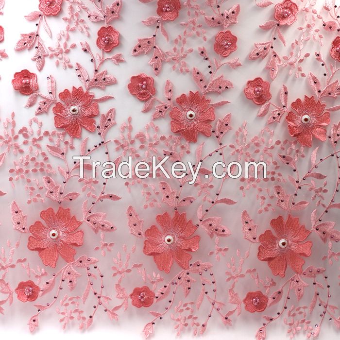 Fabric tulle lace trustwin embroidered 3d flower lace fabric
