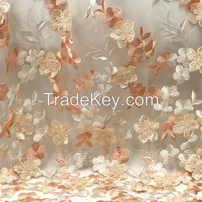 China Manufacture african handcut orange tulle embroidered lace fabric