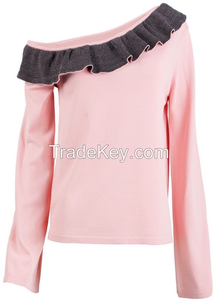 M71010 Ruffle Cold Shoulder Neckline Women Knitting Pullover