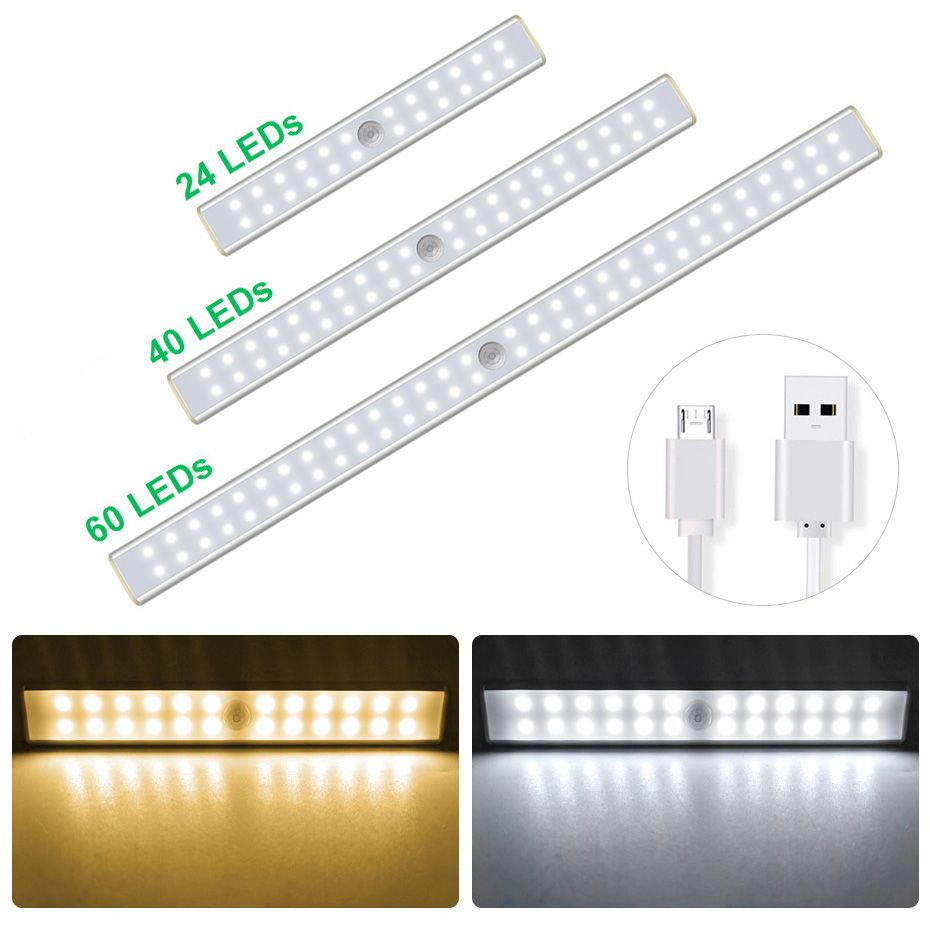 24 40 60 LED Closet Light USB Rechargeable Under Cabinet Lightening Stick-on Motion Sensor Wardrobe Bar with Magnetic Strip