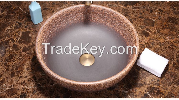 Jingdezhen Gucheng Modern Artistic Handmade Above Counter Without Faucet Bathroom Round Ceramic Vessel Sink Art Basin