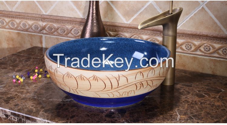 Jingdezhen Gucheng European Style Handmade High-end Classical Above Counter Bathroom Round Ceramic Vessel Sink Art Basin