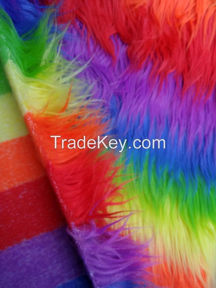 Rainbow Long Pile Fabrics Colourful Jacquard Faux Fur