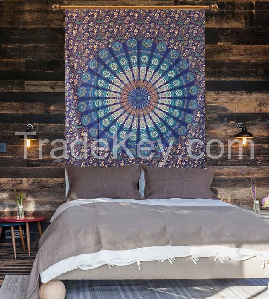 Blue Peacock Mandala Hippie Tapestry 