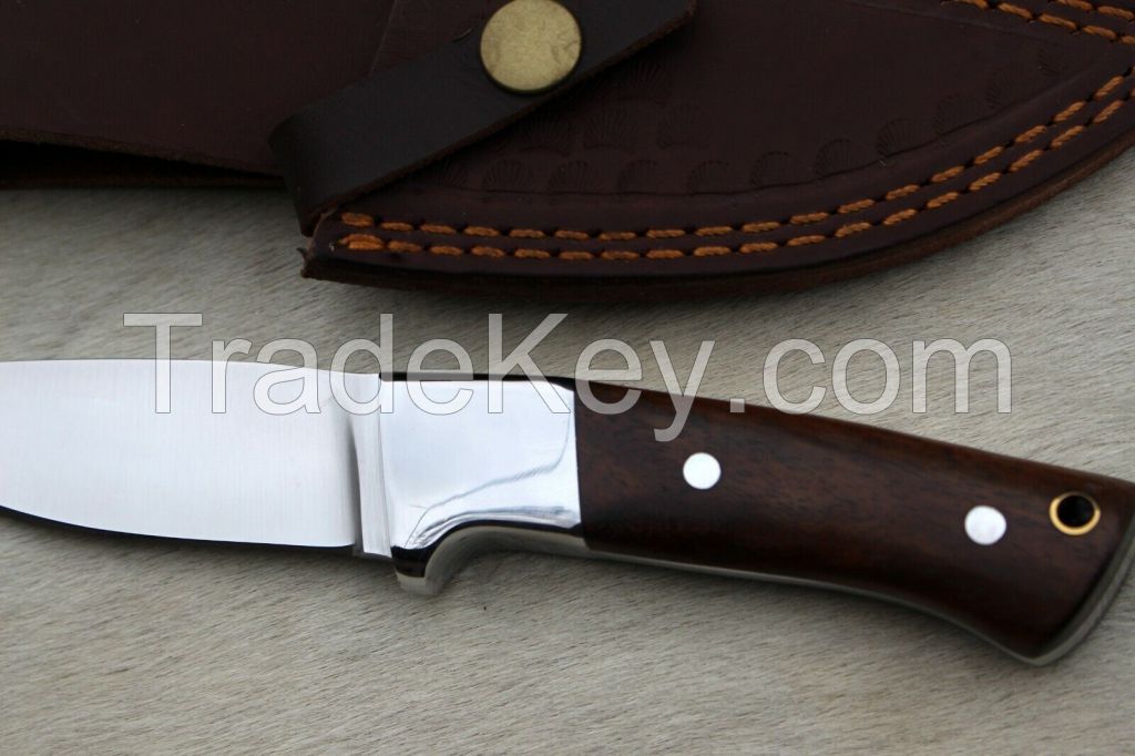 custom handmade d2 tool steel hunting/camping knife with rose wood handle with leather sheath