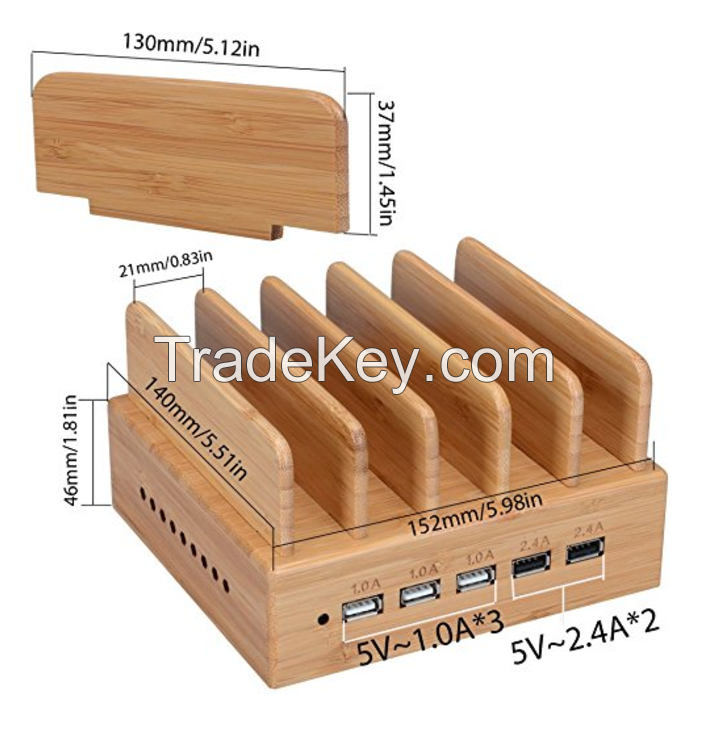 Yisen Wood Bamboo 5 Ports Dock Station for IOS Android Smart Phone and Tablet